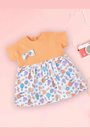 Babywish Girls Solid Cotton Round Neck Short Regular Slevees Fit & Flare Dress