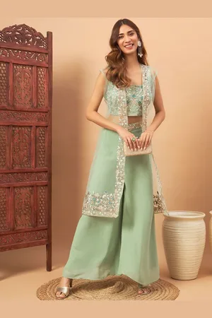 Chhabra 555 Embellished Round Neck Crop-Top With Palazzo & Jacket