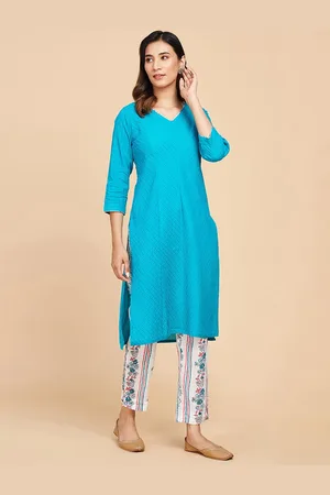 Fabindia Floral Regular Pure Cotton Hand Block Printed Kurta with Trousers