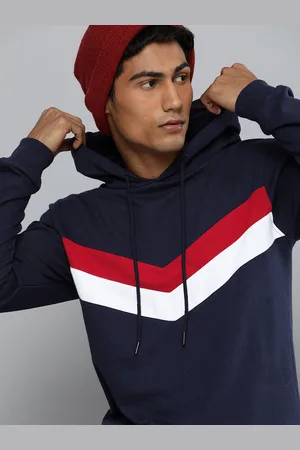 HARVARD Men Navy Blue & Red Striped Hooded Sweatshirt