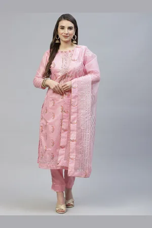 RAJGRANTH Pink Printed Chanderi Heavy Work Top With Organza Dupatta Dress Material