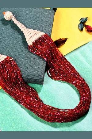 Bamboo Tree Jewels Red & White Long Beaded Necklace