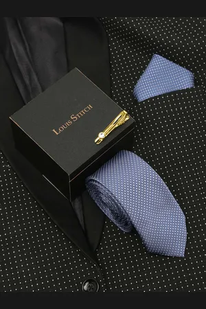 LOUIS STITCH Men Ash Blue Italian Silk Necktie Accessory Gift Set