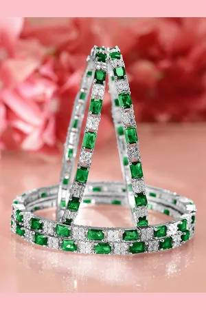 Rubans Set of 4 Rhodium-Plated Emerald Green & Cubic Zirconia Studded Bangles