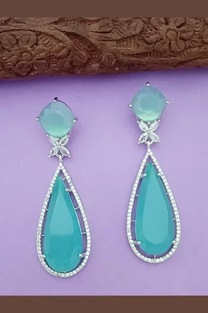 EVY Silver-Plated Cubic Zirconia Studded Teardrop Shaped Drop Earrings