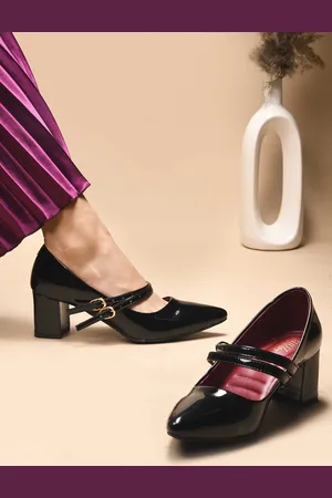 SHUZ TOUCH Women Mary Jane Pumps Two Strap Pointed Toe Black Chunky Block Heel Shoes