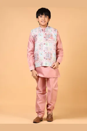 V-Mart Boys Mandarin Collar Pure Cotton Straight Kurta With Pyjamas Nehru Jacket