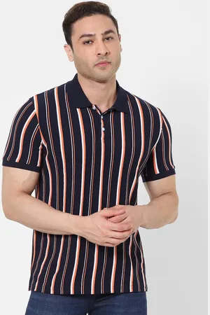 Celio Men Navy Blue Peach Coloured Vertical Striped Polo Collar Pure Cotton T-shirt