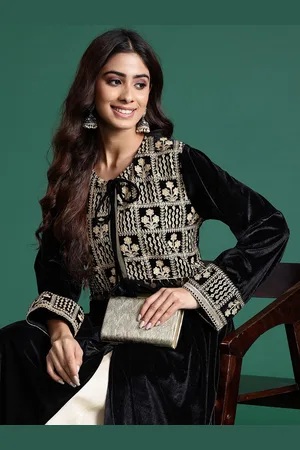 Sangria Velvet Finish Tie-Up Detail Embroidered Longline Ethnic Jacket