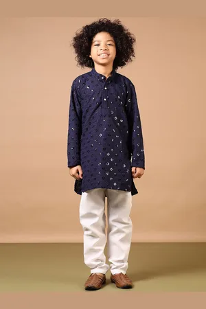 V-Mart Boys Floral Embroidered Band Collar Pure Cotton Kurta With Pyjamas
