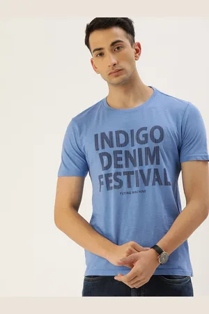 Flying Machine Men Blue Printed Round Neck Pure Cotton T-shirt