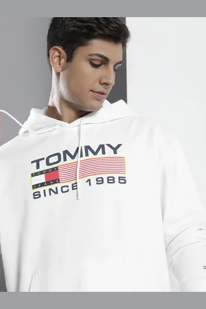 Tommy Hilfiger Men White Brand Logo Printed Hooded Pure Cotton Sweatshirt