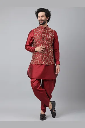 Hangup Men Maroon Pure Silk Kurta with Pyjamas