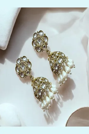 AccessHer Gold-Plated Stone Studded & Beaded Dome Shaped Jhumkas