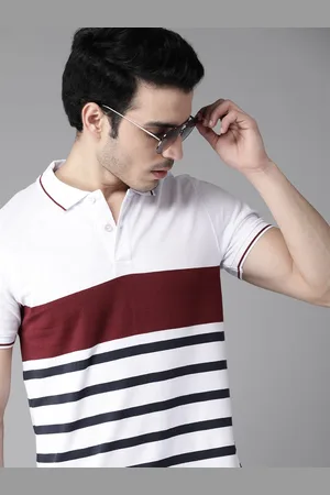 Roadster Men White & Navy Blue Striped Polo Collar T-shirt
