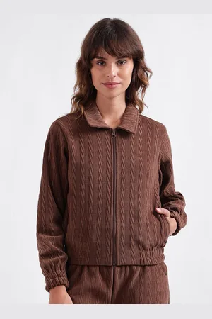 Elle Self Design Shirt Collar Front-Open Sweatshirt