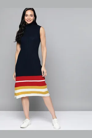 Mast & Harbour Navy Blue & Red Self Striped A-Line Winter Sweater Dress