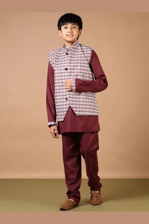V-Mart Boys Band Collar Straight Kurta With Pyjamas And Nehru Jacket