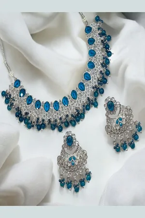 AccessHer Sterling Silver-Plated AD Studded & Beaded Necklace and Earrings With Maang Tika