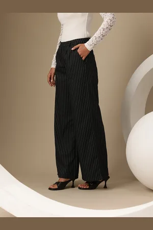 Chemistry Women Vertically Striped Flared Fit Pure Cotton Pleated Detail Parallel Trousers