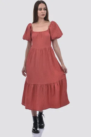 ONLY Women Square Neck Puff Sleeves Fit and Flare Tiered Midi Dress