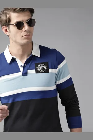 Roadster Men Black & Blue Pure Cotton Striped Polo Collar Applique T-shirt