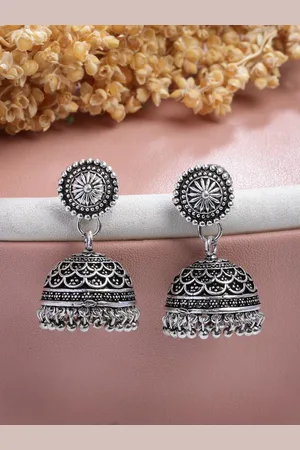 NVR Women Silver Plated Round Shape Oxidised Traditional Jhumka Earrings