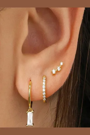 AQUASTREET Set of 3 14K Gold-Plated Single Ear Piercing Antitarnish Zircon Earrings
