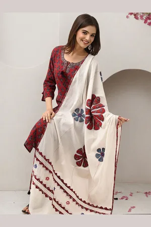 Ishin Applique Embroidered Pure Cotton Straight Kurta with Trouser & Dupatta