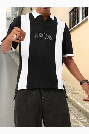 Kook N Keech Modern Vibe Monochrome Striped & Typography Polo Collar Oversized T-shirt