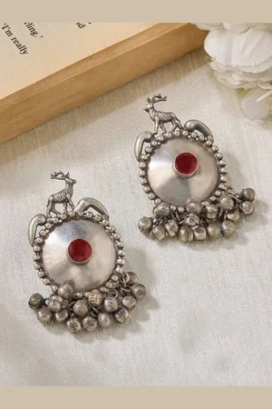 Priyaasi Silver Plated Artificial Stones Studded Oxidised Contemporary Kemp Drop Earrings