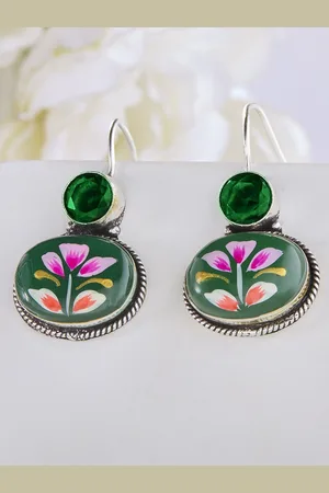 Priyaasi Silver Plated Emarld Stone Studded Oxidized Drop Earrings