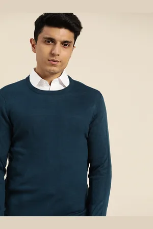 Invictus Men Teal Blue Solid Pullover Sweater