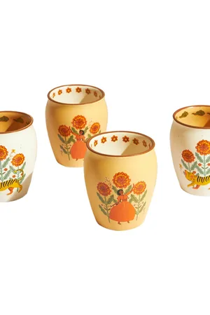 Chumbak Yellow 4 Pieces Marigold Printed Kulhad Gift Sets