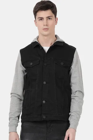 Llak Jeans Men Black & Grey Solid Cotton Hooded Denim Jacket