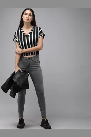 Roadster The Lifestyle Co. Black & White Striped Roll-Up Sleeves Monochrome Crop Top