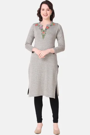 Elthia Floral Embroidered Mandarin Collar Thread Work Woolen Kurta