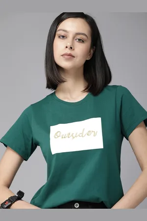 Roadster The Lifestyle Co Women Green Typography Embroidered Pure Cotton Casual T-shirt