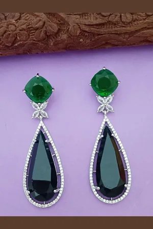 EVY Silver-Plated Cubic Zirconia Studded Teardrop Shaped Drop Earrings