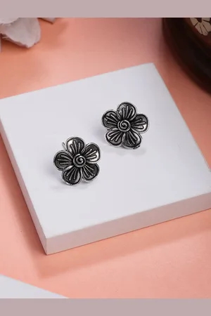 NVR Women Silver Plated Oxidized Floral Shape Stud Earrings