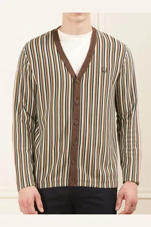 Fred Perry Men Striped V-Neck Ribbed Cotton Cardigan Sweater