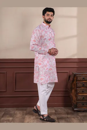 Koshin Floral Printed Mandarin Collar Linen Straight Kurta