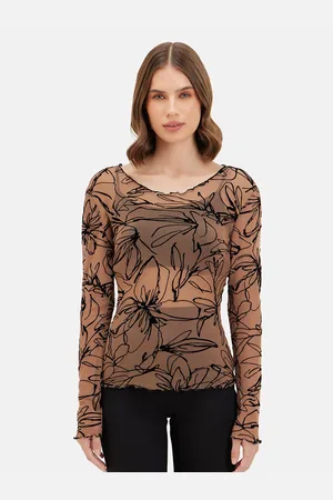 Kazo Boat Neck Long Sleeves Abstract Print Net Top