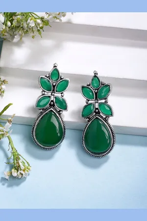 NVR Women Green Artificial Stones Silver Plated Drop Earrings