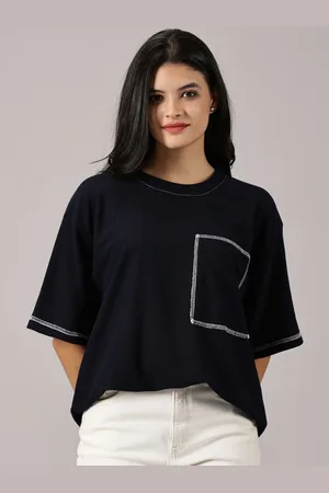 Rodzen Women Solid Round Neck Cotton Oversized T-shirt