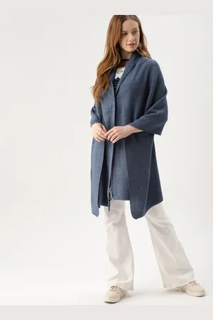 DressBerry Women Blue Self Design Front-Open Acrylic Sweater