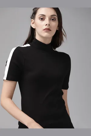 Roadster Women Black Solid High Neck Knitted T-shirt with Side Stripes