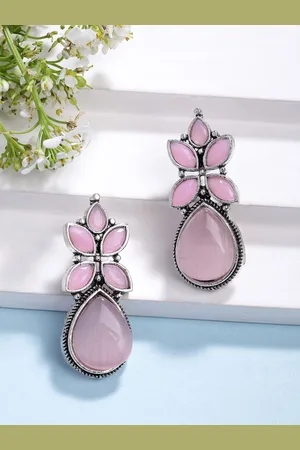 NVR Women Pink Artificial Stones Silver Plated Drop Earrings