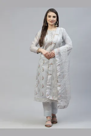 RAJGRANTH Grey Printed Chanderi Heavy Work Top With Organza Dupatta Dress Material