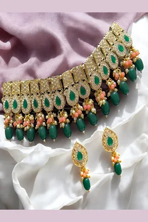 AccessHer Gold-Plated AD Stone Studded & Beaded Necklace and Earrings With Maang Tika